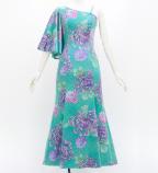 Japan Fabric One Shoulder Frill Sleeve Long Dress with Chrysanthemum Print / Light Blue / JW005lbl