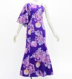 Japan Fabric One Shoulder Frill Sleeve Long Dress with Chrysanthemum Print / Purple / JW005pu