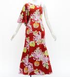 Japan Fabric One Shoulder Frill Sleeve Long Dress with Chrysanthemum Print / Red / JW005rd