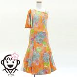 Kids Japan Fabric One Shoulder Frill Sleeve Long Dress with Chrysanthemum Print / Orange  / JWp005or