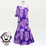 Kids Japan Fabric One Shoulder Frill Sleeve Long Dress with Chrysanthemum Print / Purple / JWp005pu