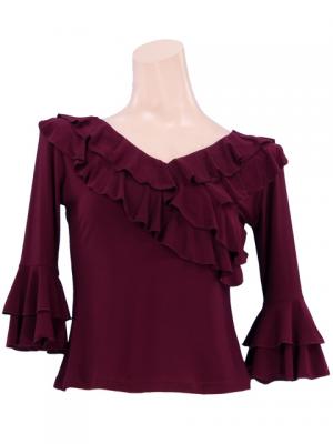 Flamenco Wine Cross Over Blouse with Flounces and Ruffles/ Wine / G1007