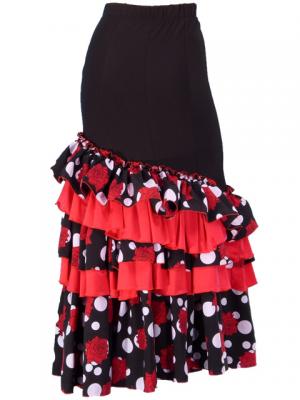 Flamenco Polka Dots & Rose Printed Skirt with Frills/ Black / G1769b