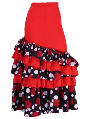 Flamenco Polka Dots & Rose Printed Skirt with Frills/ Red / G1769r