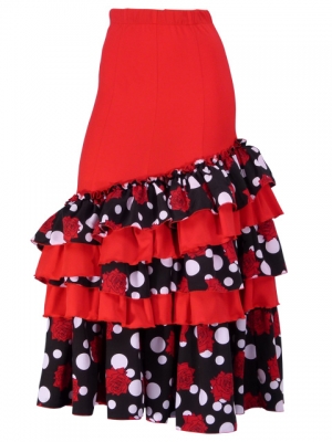 Flamenco Polka Dots & Rose Printed Skirt with Frills/ Red / G1769r