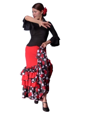 Flamenco Polka Dots & Rose Printed Skirt with Frills/ Red / G1769r