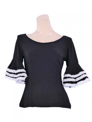 Flamenco Blouse & Skirt with Lace Flounces and Ruffles / Two-piece / Black / G1784b