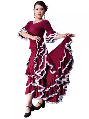 Flamenco Blouse with Lace Flounces and Ruffles/ Wine / G1781wi
