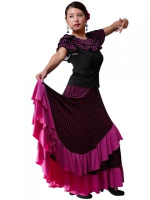 Flamenco Polka Dots Skirt with Frill/ Black&Pink Dot / G1783pi