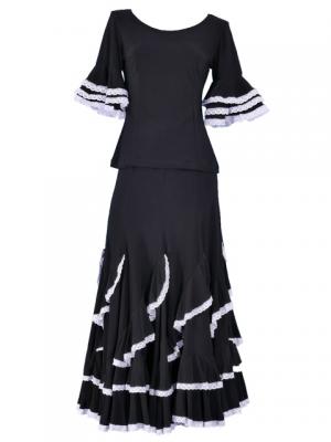 Flamenco Blouse & Skirt with Lace Flounces and Ruffles / Two-piece / Black / G1784b