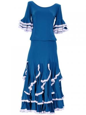 Flamenco Blouse & Skirt with Lace Flounces and Ruffles / Two-piece / Blue / G1784bl