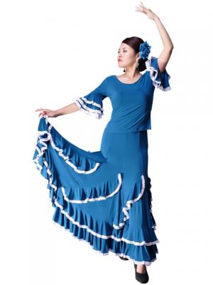 Flamenco Blouse & Skirt with Lace Flounces and Ruffles / Two-piece / Blue / G1784bl