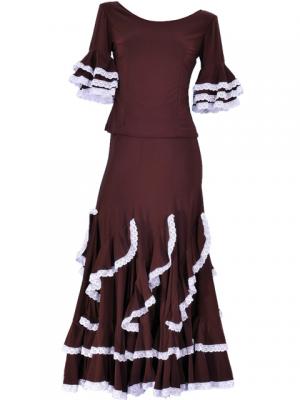 Flamenco Blouse & Skirt with Lace Flounces and Ruffles / Two-piece / Brown / G1784br