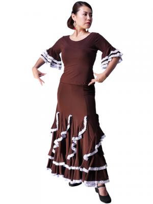 Flamenco Blouse & Skirt with Lace Flounces and Ruffles / Two-piece / Brown / G1784br
