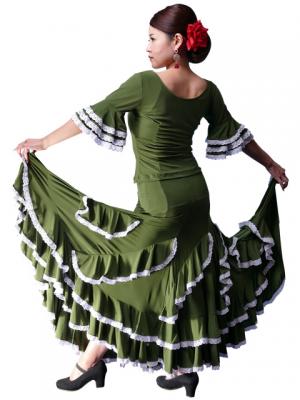 Flamenco Blouse & Skirt with Lace Flounces and Ruffles / Two-piece / Green / G1784gr