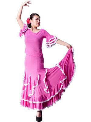 Flamenco Blouse & Skirt with Lace Flounces and Ruffles / Two-piece / Pink / G1784pi