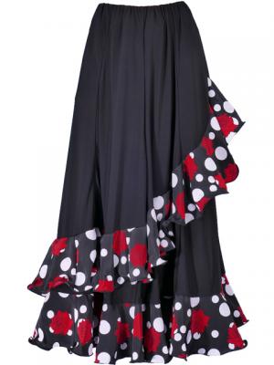 Flamenco Polka Dots & Rose Printed Skirt with Frills/ Black / G1873b