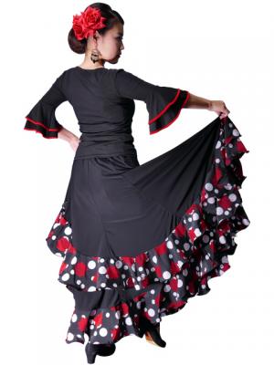 Flamenco Polka Dots & Rose Printed Skirt with Frills/ Black / G1873b