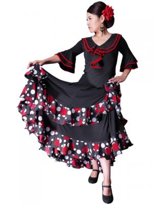 Flamenco Polka Dots & Rose Printed Skirt with Frills/ Black / G1873b