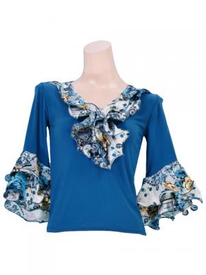 Flamenco Blouse & Skirt with Rose & Paisley Frills / Two-piece / Blue / G1902bl