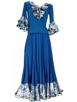 Flamenco Blouse & Skirt with Rose & Paisley Frills / Two-piece / Blue / G1902bl