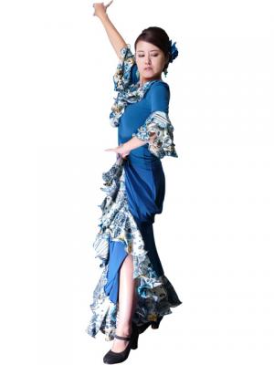 Flamenco Blouse & Skirt with Rose & Paisley Frills / Two-piece / Blue / G1902bl