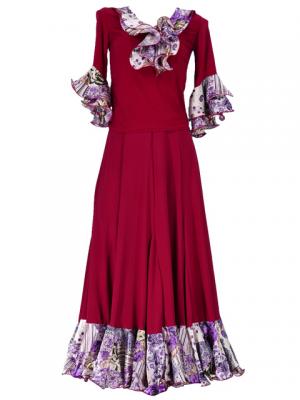 Flamenco Blouse & Skirt with Rose & Paisley Frills / Two-piece / Wine / G1902wi