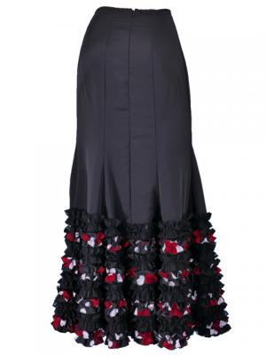 Semi-Mermaid Flamenco Polka Dots & Rose Printed Skirt with Frills/ Black / G2037b
