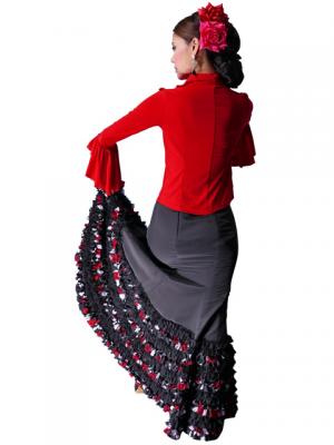 Semi-Mermaid Flamenco Polka Dots & Rose Printed Skirt with Frills/ Black / G2037b