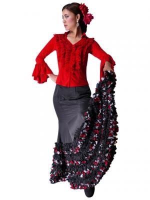 Semi-Mermaid Flamenco Polka Dots & Rose Printed Skirt with Frills/ Black / G2037b