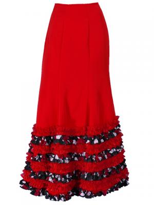 Semi-Mermaid Flamenco Polka Dots & Rose Printed Skirt with Frills/ Red / G2037r