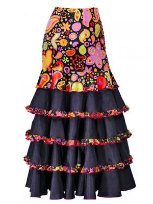 Flared Flamenco Skirt with 5 Layer Frills / Velvet & Shantung / Model Odalis / Black / G2431bk