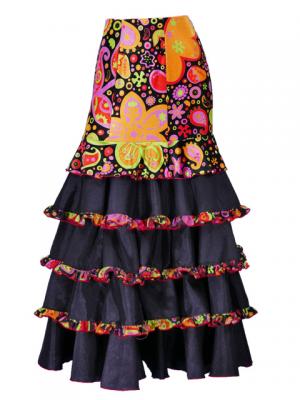 Flared Flamenco Skirt with 5 Layer Frills / Velvet & Shantung / Model Odalis / Black / G2431bk