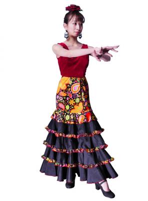 Flared Flamenco Skirt with 5 Layer Frills / Velvet & Shantung / Model Odalis / Black / G2431bk