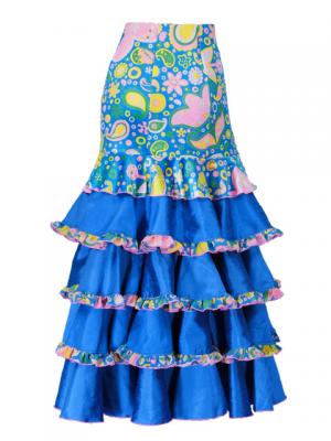 Flared Flamenco Skirt with 5 Layer Frills / Velvet & Shantung / Model Odalis / Blue / G2431bl