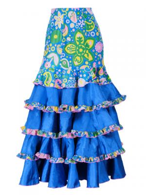 Flared Flamenco Skirt with 5 Layer Frills / Velvet & Shantung / Model Odalis / Blue / G2431bl