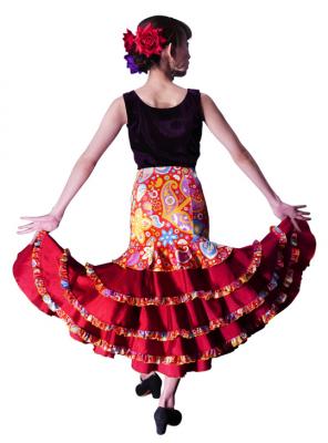 Flared Flamenco Skirt with 5 Layer Frills / Velvet & Shantung / Model Odalis / Red / G2431rd