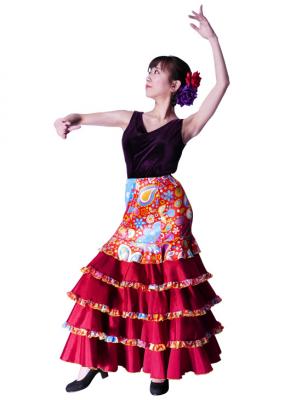 Flared Flamenco Skirt with 5 Layer Frills / Velvet & Shantung / Model Odalis / Red / G2431rd