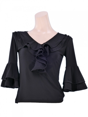 Flamenco Piping Blouse with Flounces and Ruffles/ Black Piping / G70