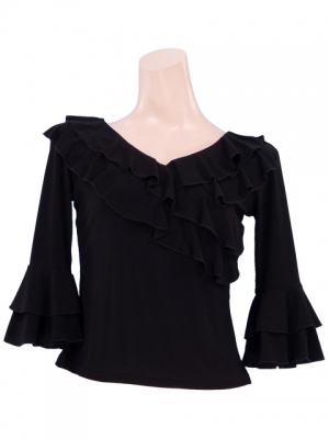 Flamenco Black  Cross Over Blouse with Flounces and Ruffles/ Black / G98b