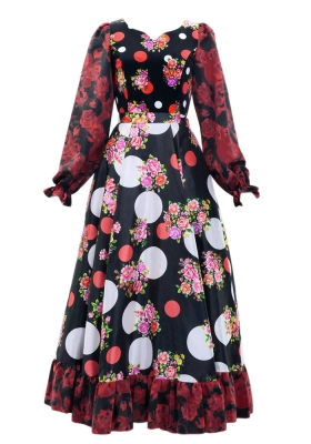 Flamenco Blouse & Skirt / Bouquets & Dots / Black & Red / JFBS-12