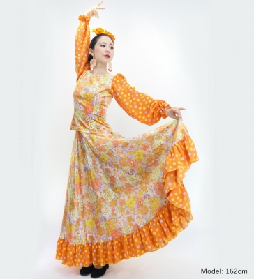 Flamenco Blouse & Skirt / Modern Fowers / Blue & Orange / JFBS-21