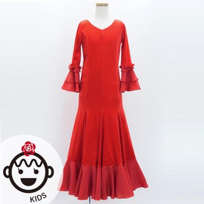 Kids Flamenco Flare Velvet Dress with Frills / Dark Red2 / JFDp-2