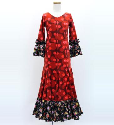 Kids Flamenco Flare Velvet Dress with Frills / Dots / Red & Black / JFDp-3
