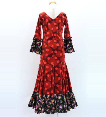 Kids Flamenco Flare Velvet Dress with Frills / Dots / Red & Black / JFDp-3