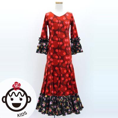 Kids Flamenco Flare Velvet Dress with Frills / Dots / Red & Black / JFDp-3