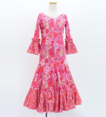 Kids Flamenco Flare Velvet Dress with Frills / Modern Flower / Pink / JFDp-4