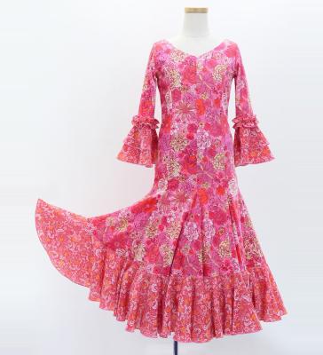 Kids Flamenco Flare Velvet Dress with Frills / Modern Flower / Pink / JFDp-4