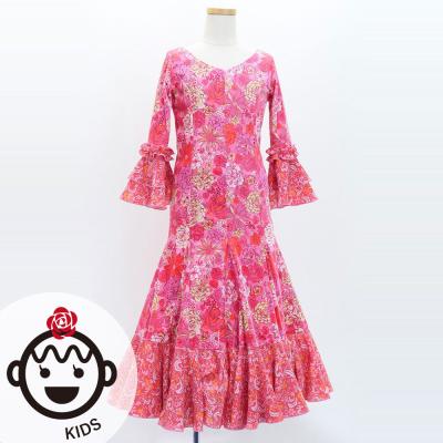 Kids Flamenco Flare Velvet Dress with Frills / Modern Flower / Pink / JFDp-4