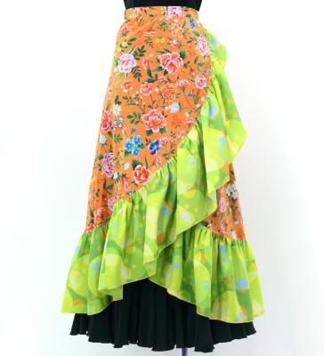 Flamenco Wrap Skirt with Frills / Flowers & Dots / Orange & Yellow Green / FMS-11